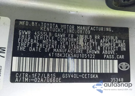 2010 Toyota Camry Se V6 from USA, damaged, VIN 4T1BK3EK5AU105122